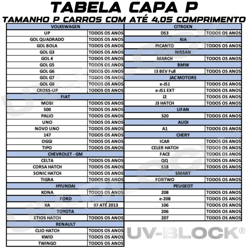 Capa Carro Impermeável Protege Sol Chuva Poeira P M G UV-BLOCK 100% Anti-Uv Modelo Com Anti UV Sem Forro